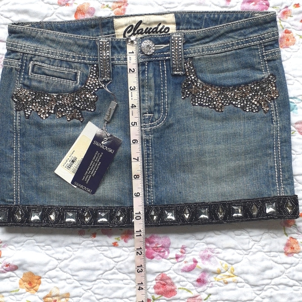 Swarovski Claudio Milano Crystal Denim Miniskirt Jean Miniskirt Size S - Picture 9 of 10